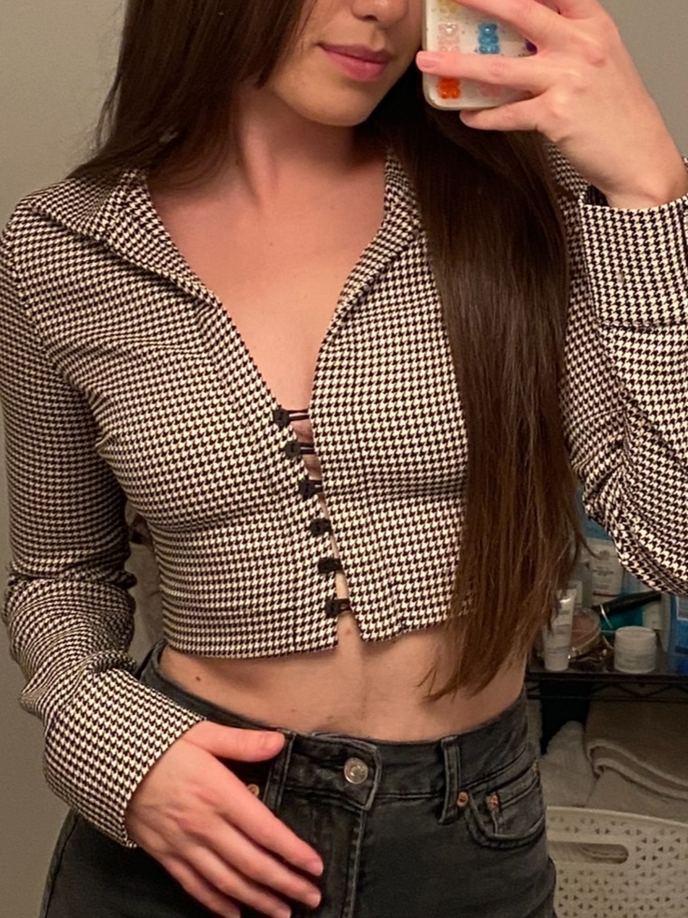 ZARA houndstooth button down collared crop top